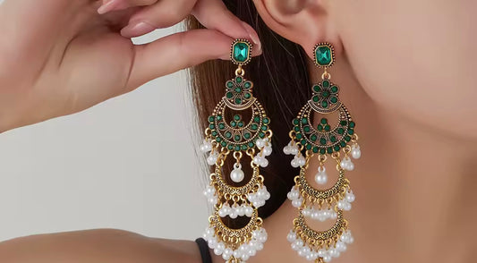 Emerald Green Kundan & Pearl Chandbali Earrings