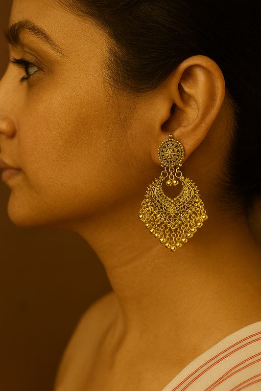 Antique Gold-Plated Chandbali Earrings – Intricate Filigree with Bead Danglers