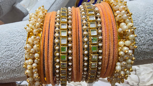 Velvet Pearl & Kundan Stone Bangle Set – Festive Collection