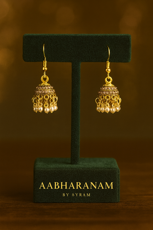 Mini Gold-Plated Jhumka Earrings with Pearl Beads – Lightweight Daily Wear