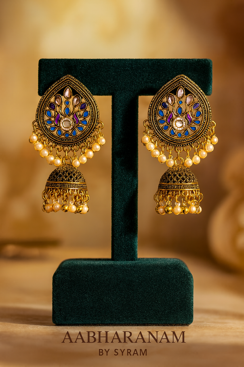 Teardrop Enamel Jhumka Earrings with Pearls – Blue, Multicolor & Black Variants