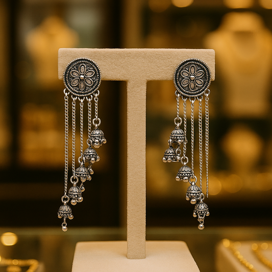 Oxidized Silver Floral Long Chain Jhumka Earrings