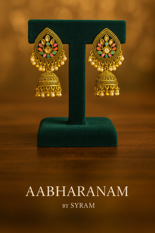 Teardrop Enamel Jhumka Earrings with Pearls – Blue, Multicolor & Black Variants