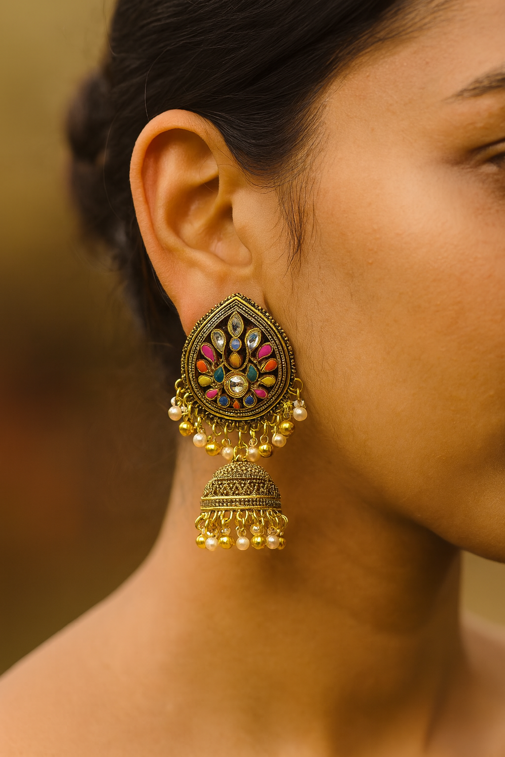 Teardrop Enamel Jhumka Earrings with Pearls – Blue, Multicolor & Black Variants