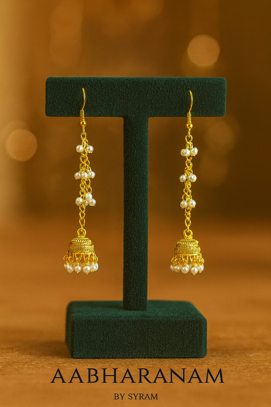 Long Gold-Plated Chain Jhumka Earrings with Pearl Clusters – Statement Ethnic Jewelry