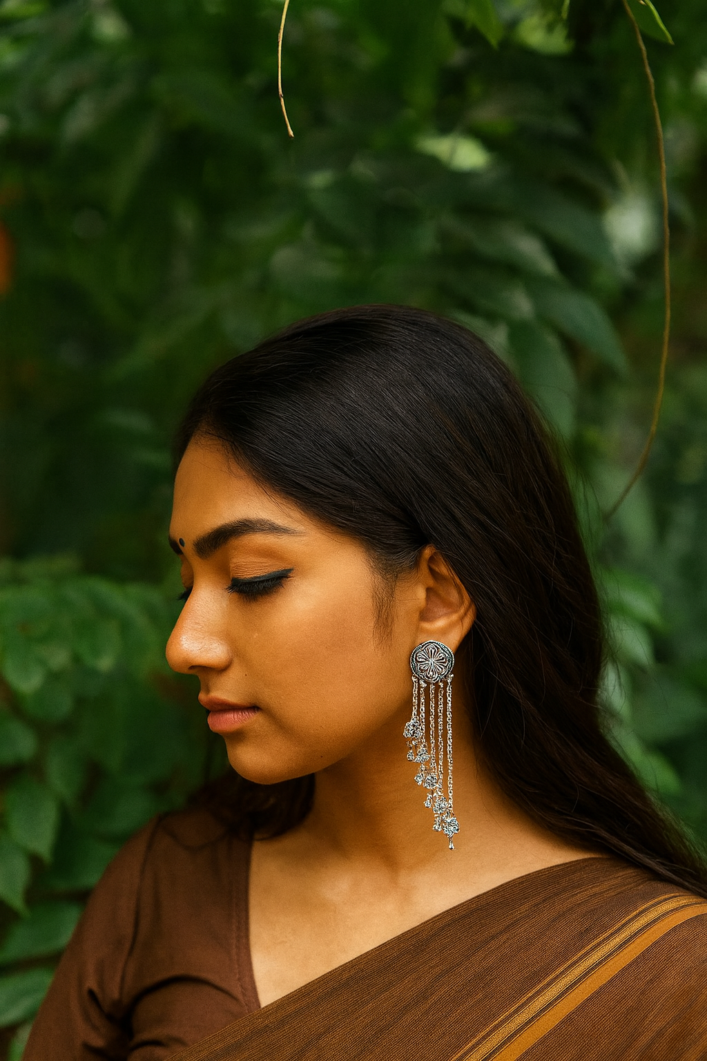 Oxidized Silver Floral Long Chain Jhumka Earrings