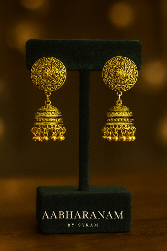 Traditional Gold-Plated Jhumka Earrings – Intricate Filigree with Hanging Beads