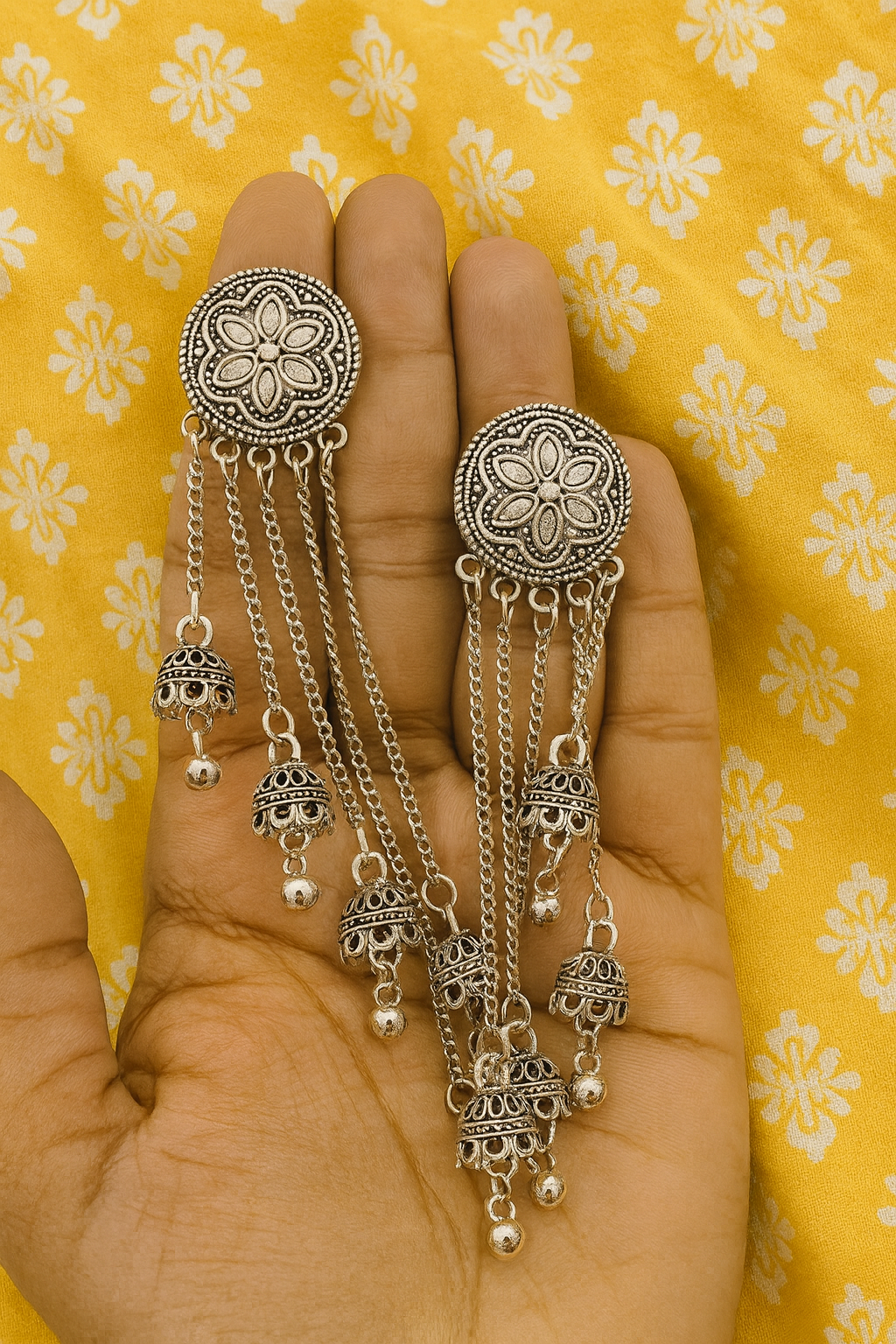 Oxidized Silver Floral Long Chain Jhumka Earrings