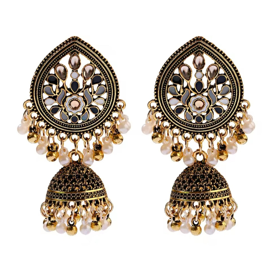 Teardrop Enamel Jhumka Earrings with Pearls – Blue, Multicolor & Black Variants