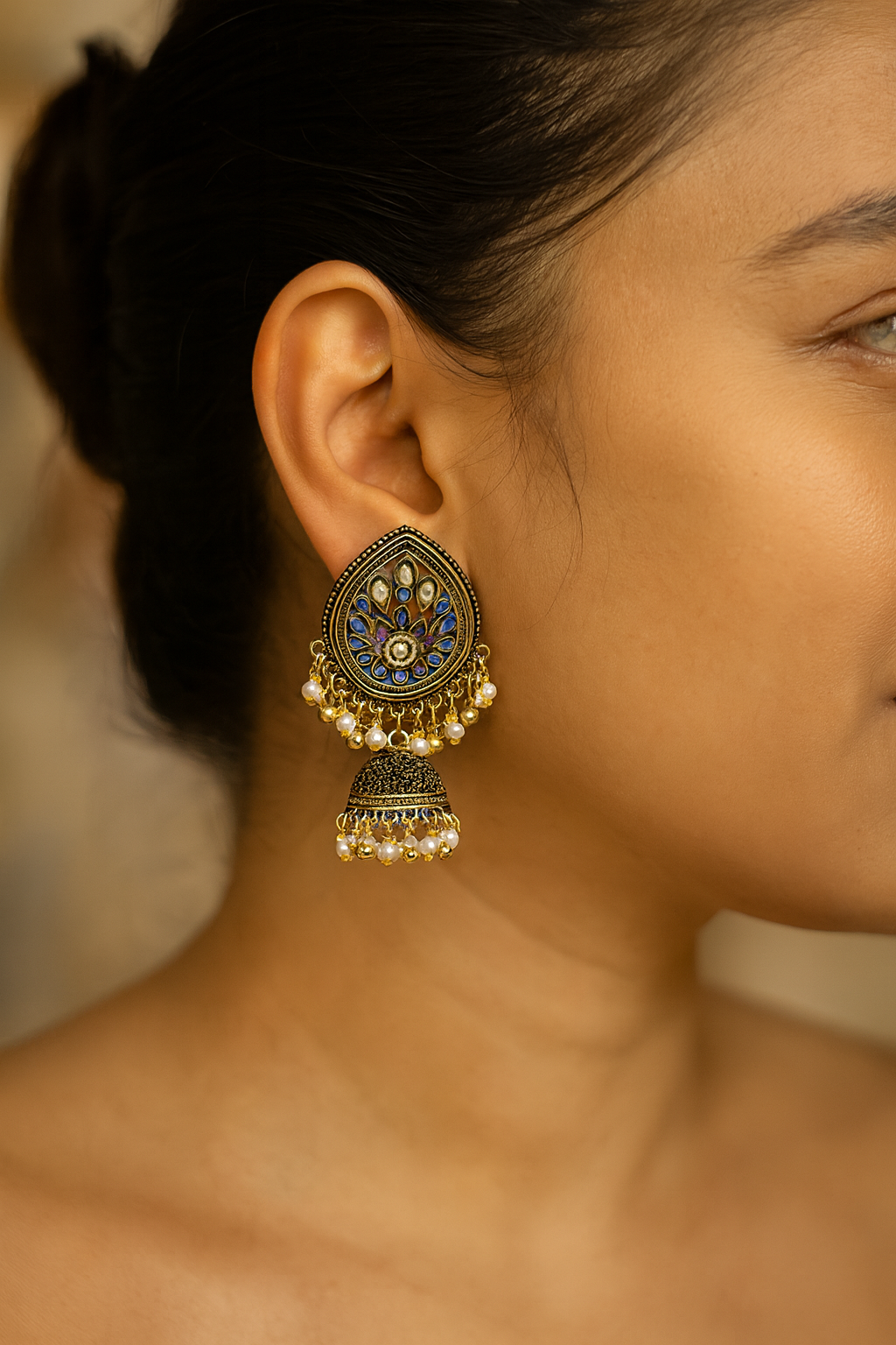 Teardrop Enamel Jhumka Earrings with Pearls – Blue, Multicolor & Black Variants