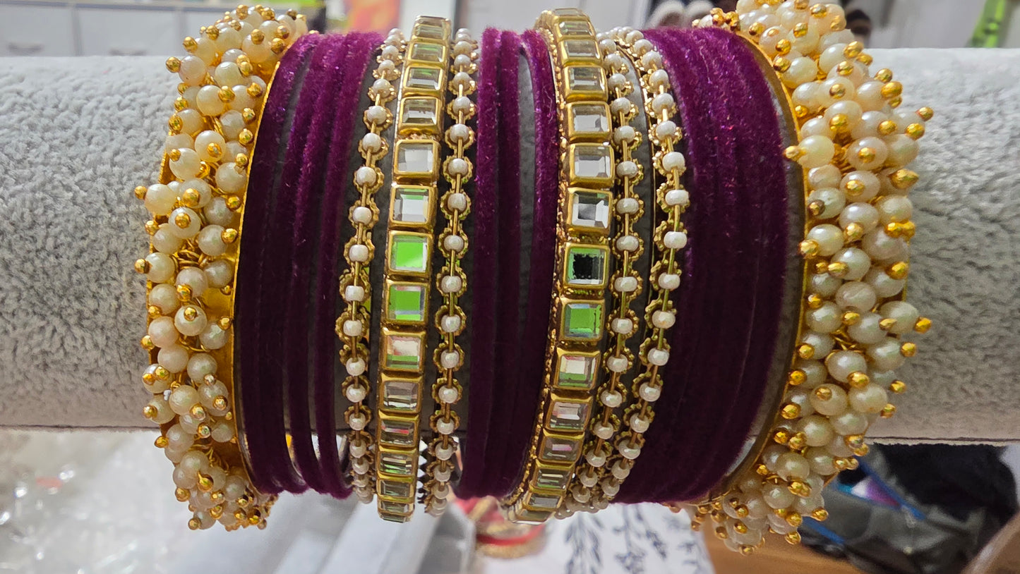 Velvet Pearl & Kundan Stone Bangle Set – Festive Collection