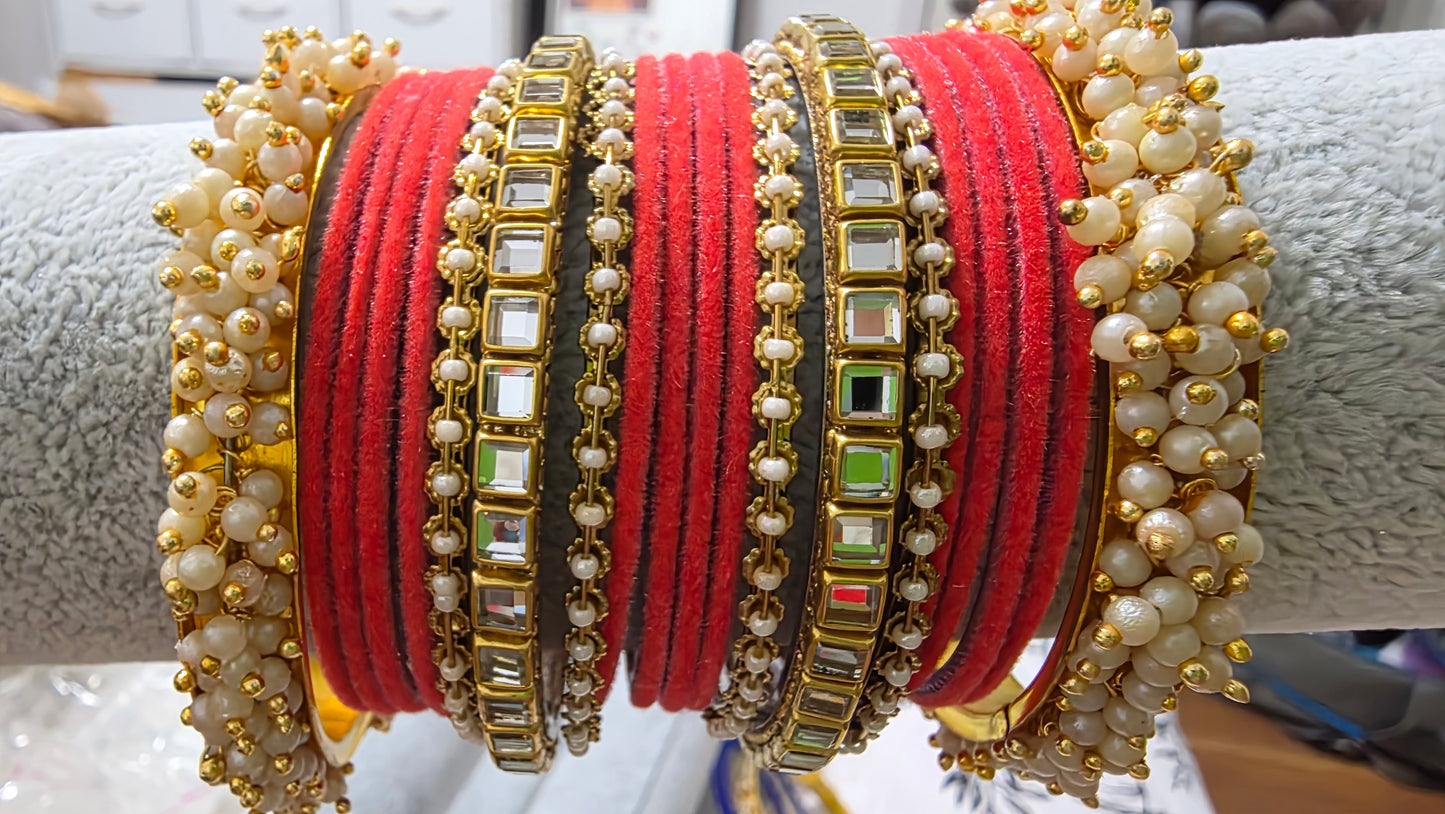 Velvet Pearl & Kundan Stone Bangle Set – Festive Collection