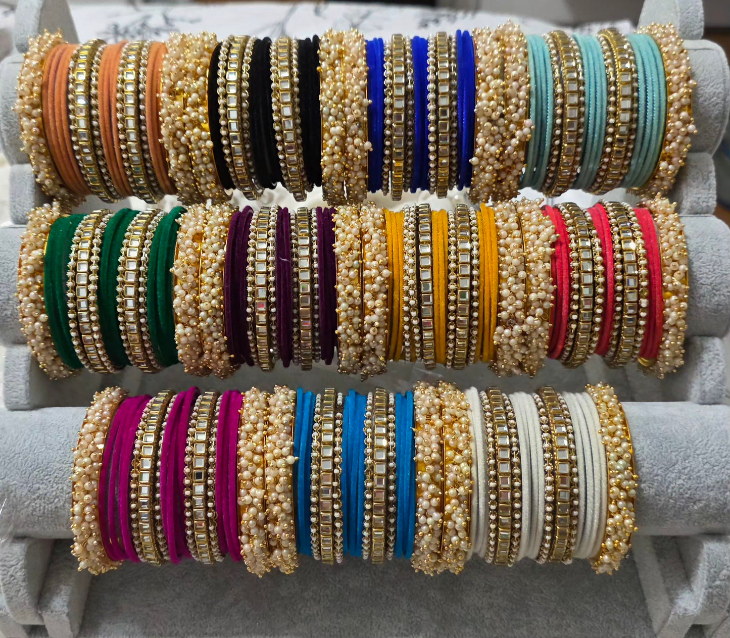 Velvet Pearl & Kundan Stone Bangle Set – Festive Collection