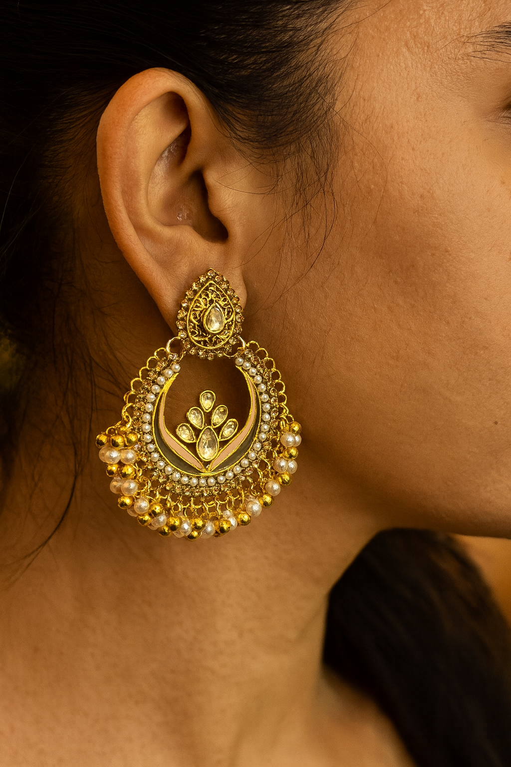 Gold-Plated Crescent Pearl Chandbali Earrings – Traditional Ethnic Jewelry