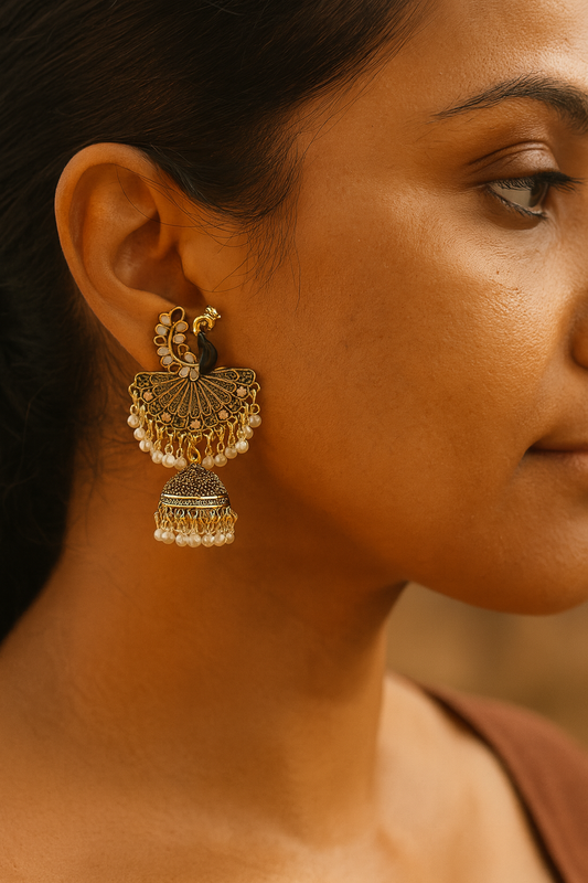Black & Gold Peacock Jhumka Earrings with Pearls – Statement Ethnic Jewelry