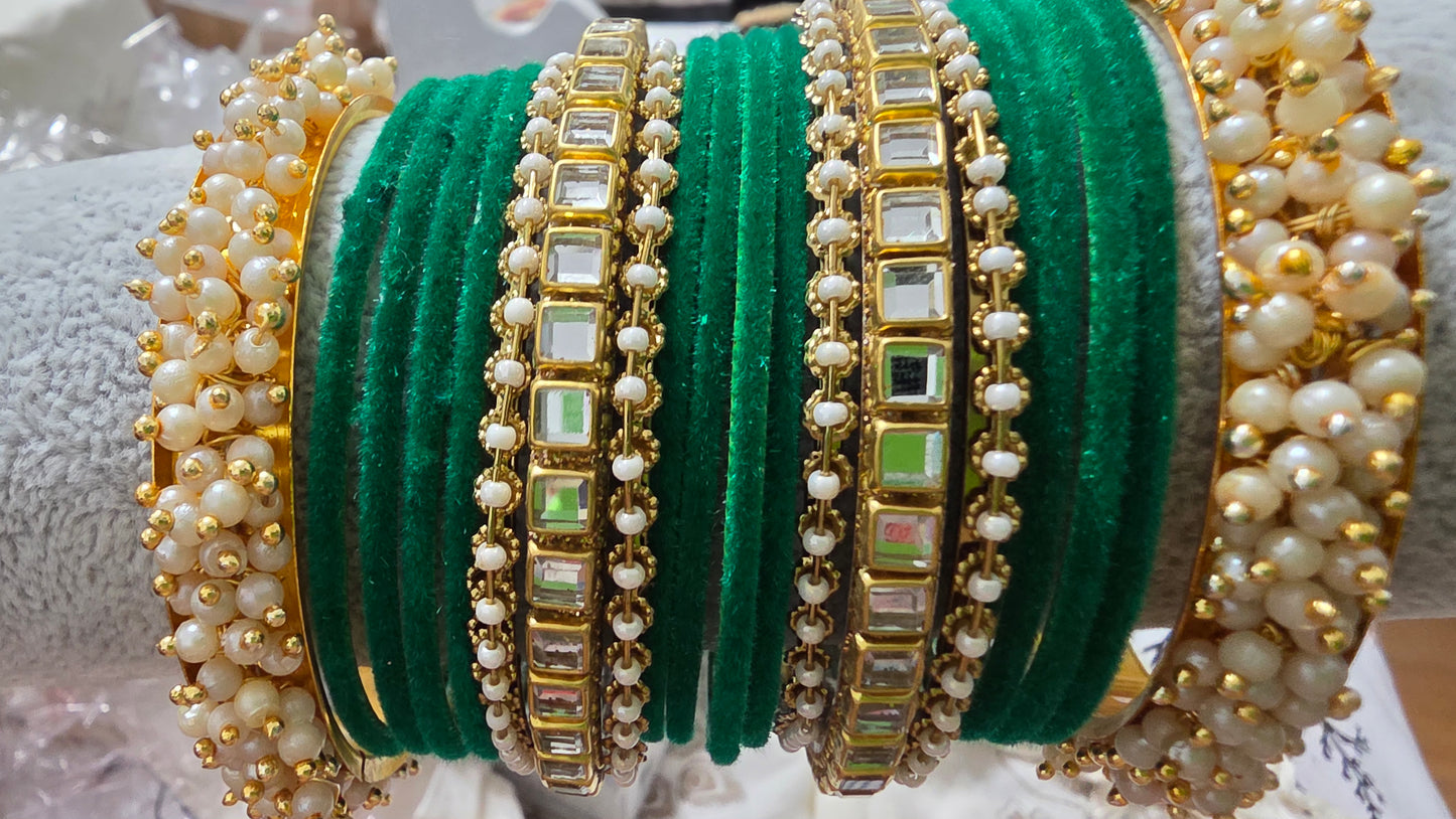 Velvet Pearl & Kundan Stone Bangle Set – Festive Collection