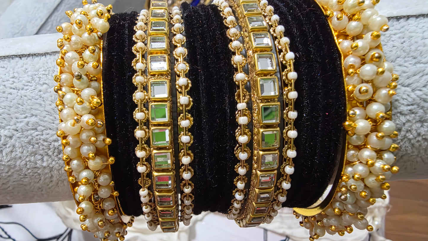 Velvet Pearl & Kundan Stone Bangle Set – Festive Collection
