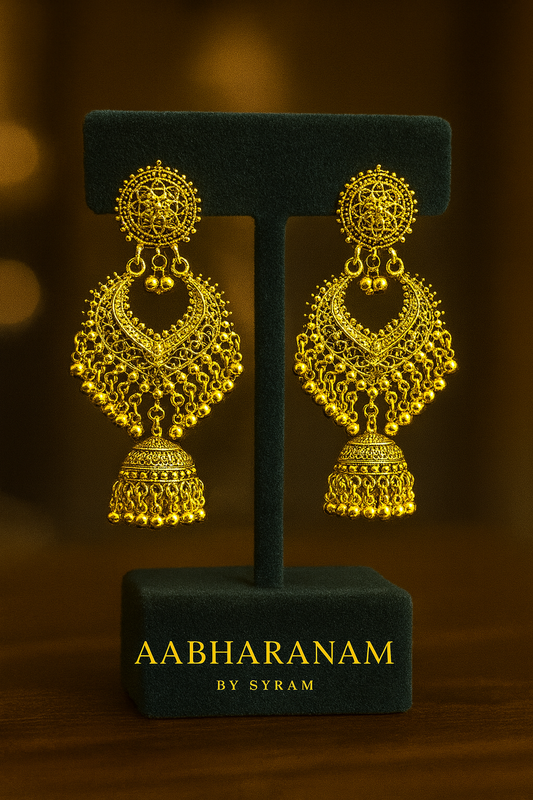 Antique Gold-Plated Chandbali Earrings – Intricate Filigree with Bead Danglers