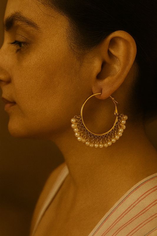 Antique Gold-Plated Pearl Hoop Earrings – Elegant Ethnic Fusion Jewelry