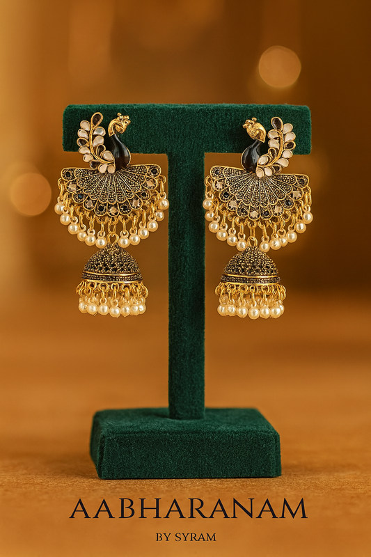 Black & Gold Peacock Jhumka Earrings with Pearls – Statement Ethnic Jewelry