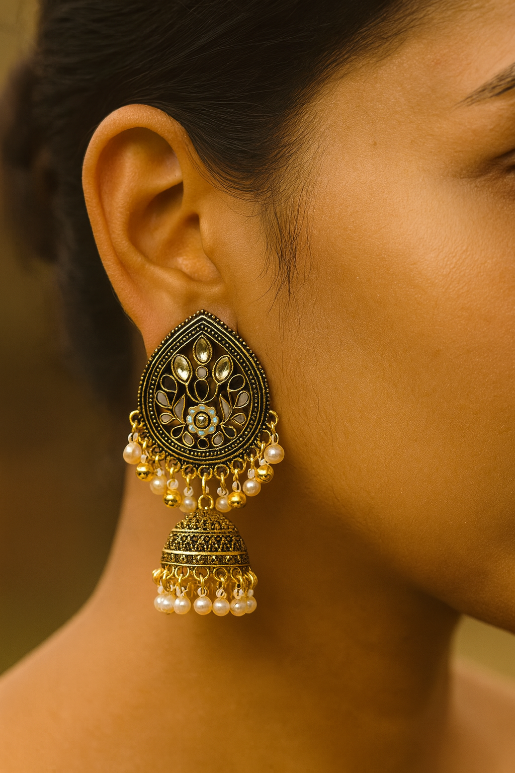 Teardrop Enamel Jhumka Earrings with Pearls – Blue, Multicolor & Black Variants