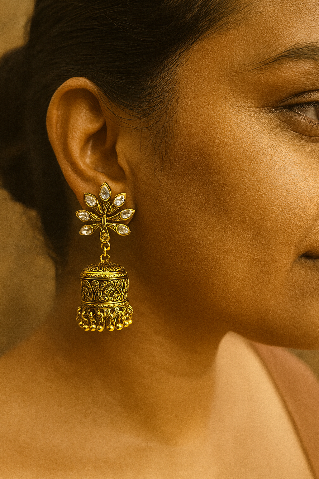 Peacock Stud Antique Gold Jhumka Earrings – Traditional Ethnic Jewelry