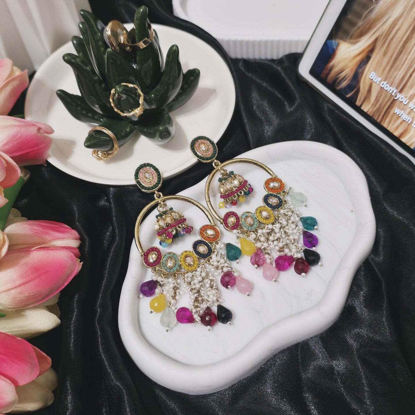 Boho Royal Multicolor Kundan Chandbali Earrings