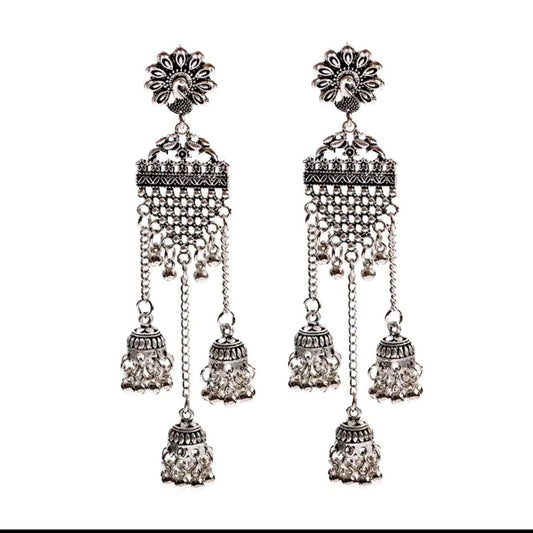 Oxidized Silver Peacock Long Jhumka Earrings
