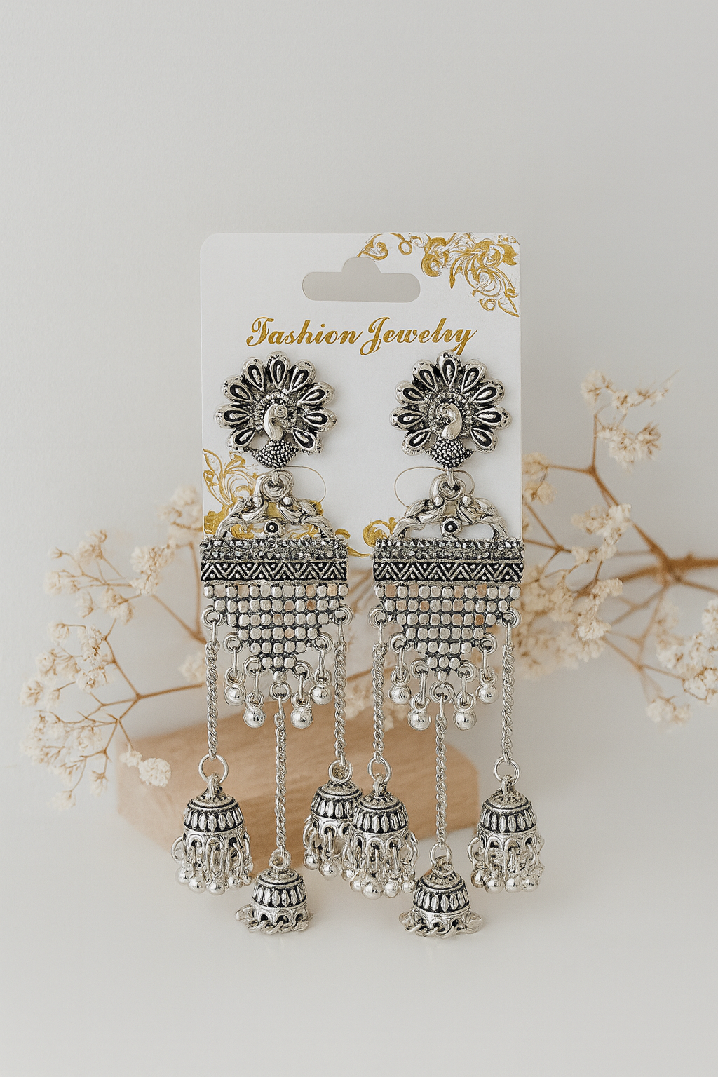 Oxidized Silver Peacock Long Jhumka Earrings