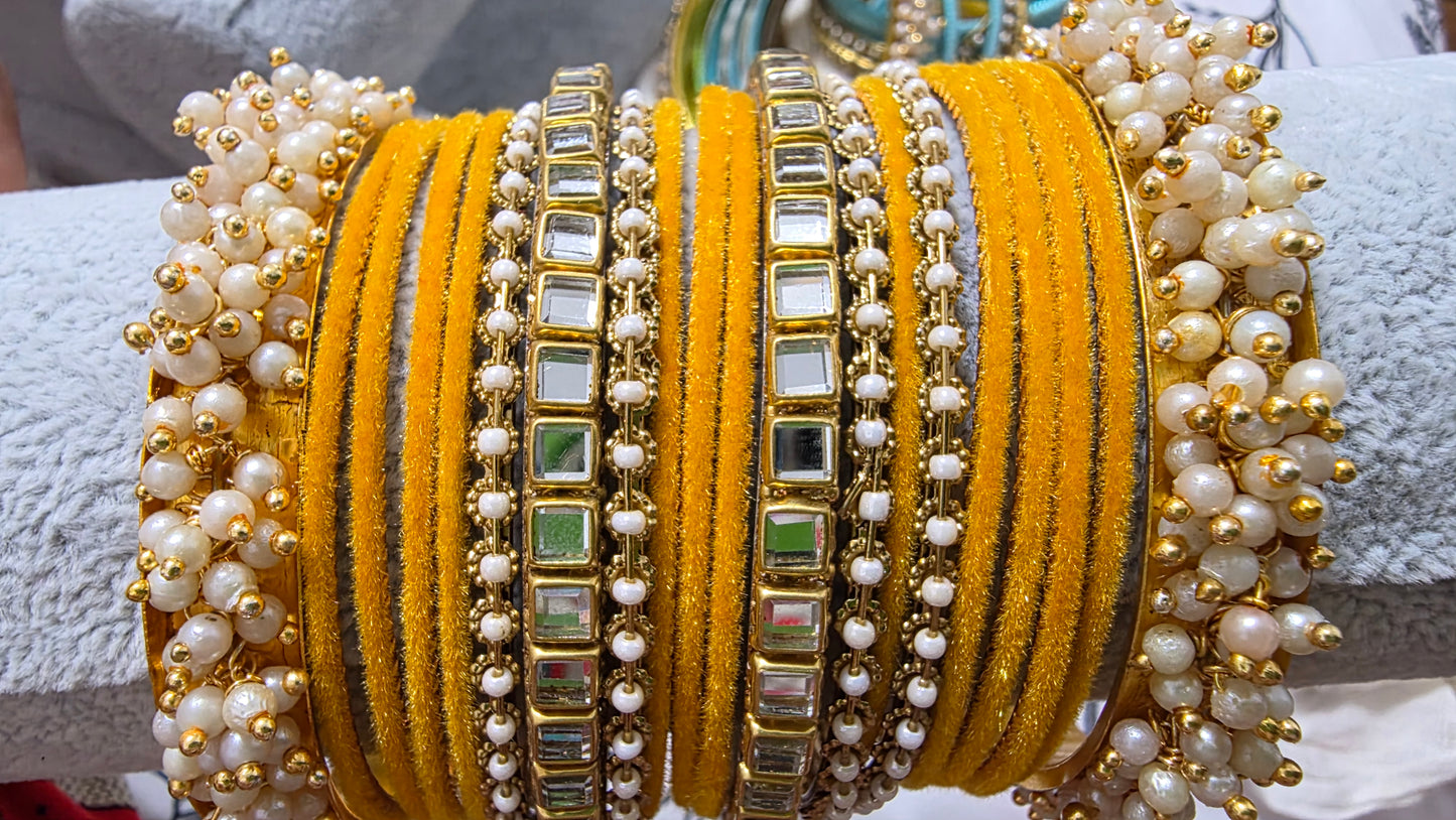 Velvet Pearl & Kundan Stone Bangle Set – Festive Collection