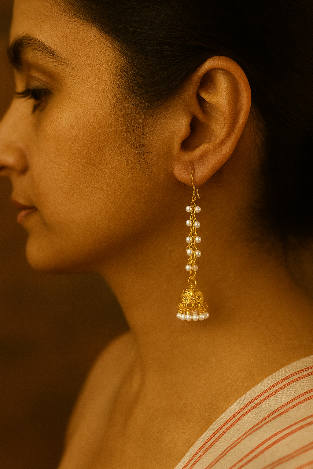 Long Gold-Plated Chain Jhumka Earrings with Pearl Clusters – Statement Ethnic Jewelry