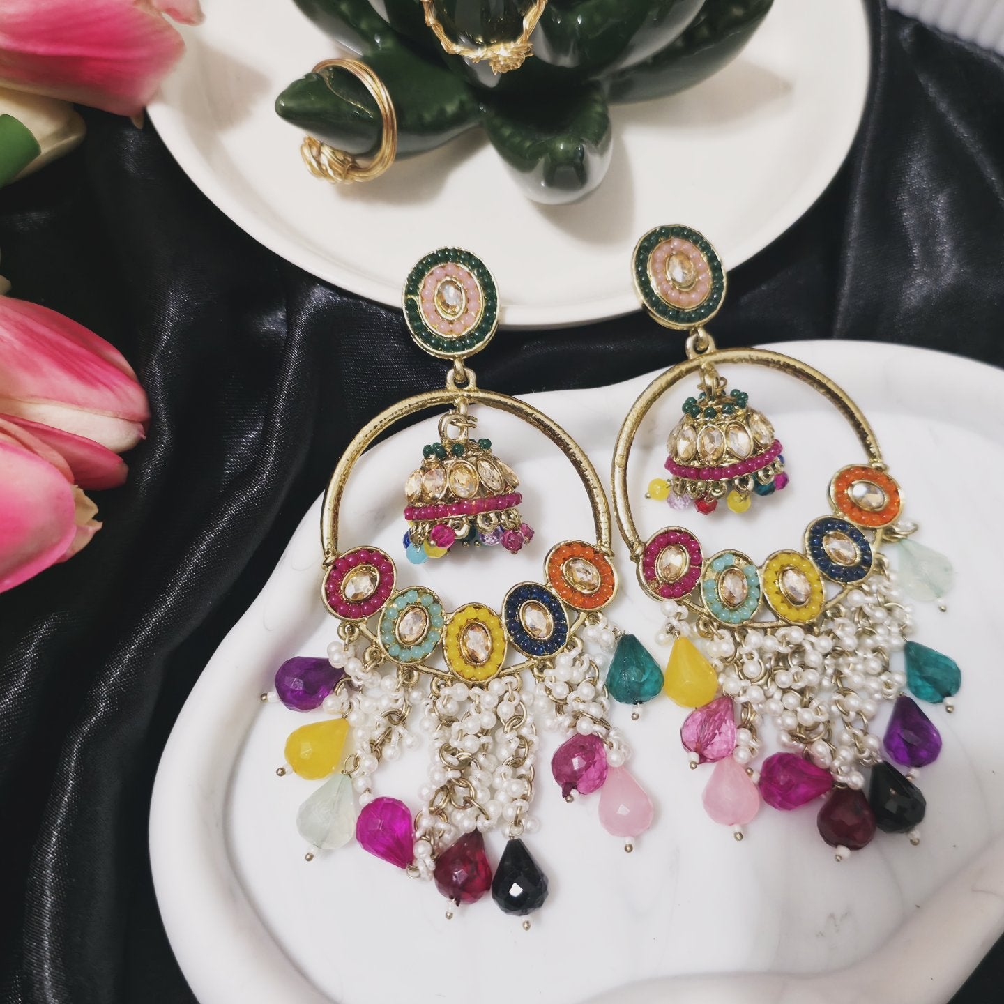 Boho Royal Multicolor Kundan Chandbali Earrings