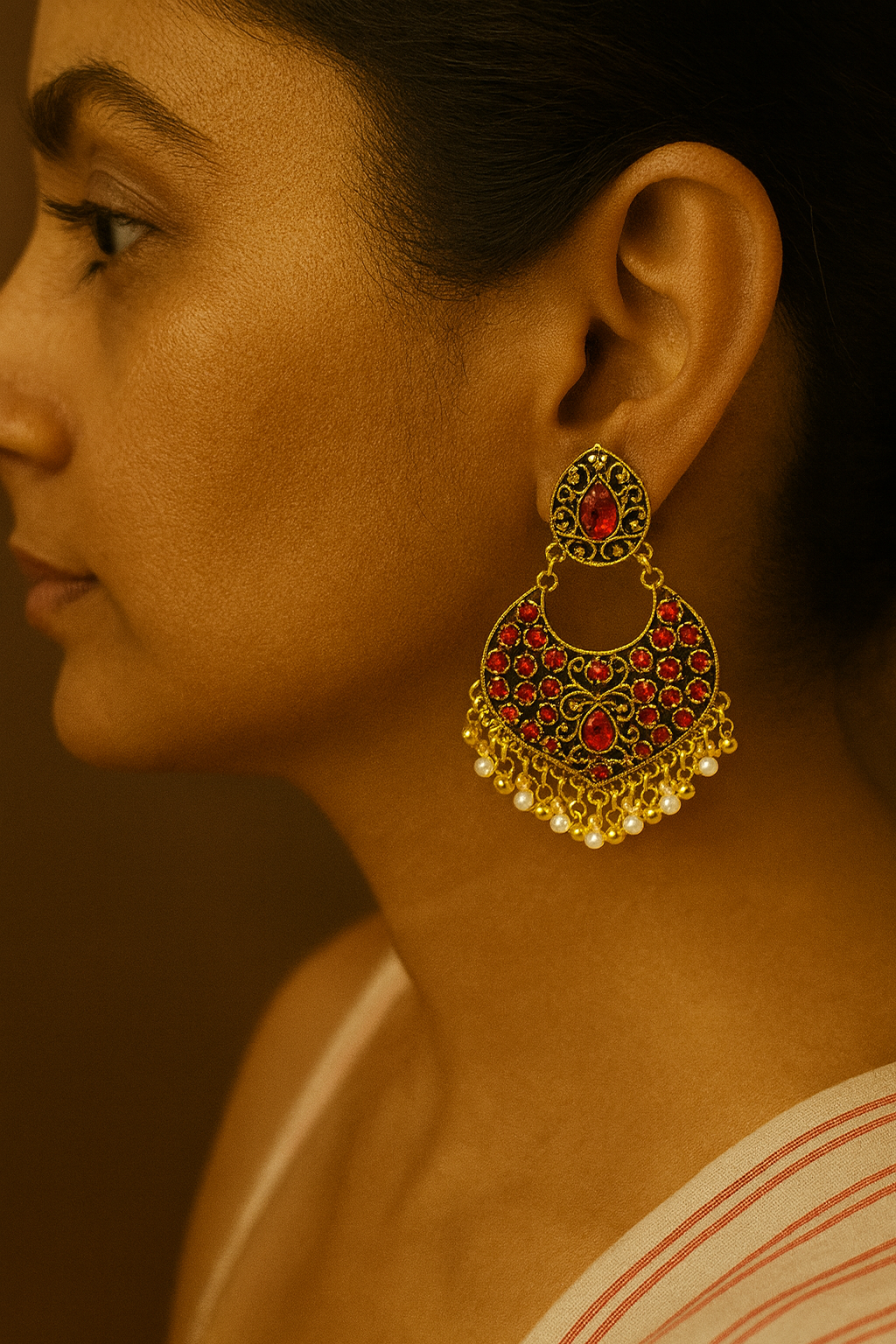 Ruby Red Chandbali Earrings with Gold Detailing – Traditional Ethnic Jewelry