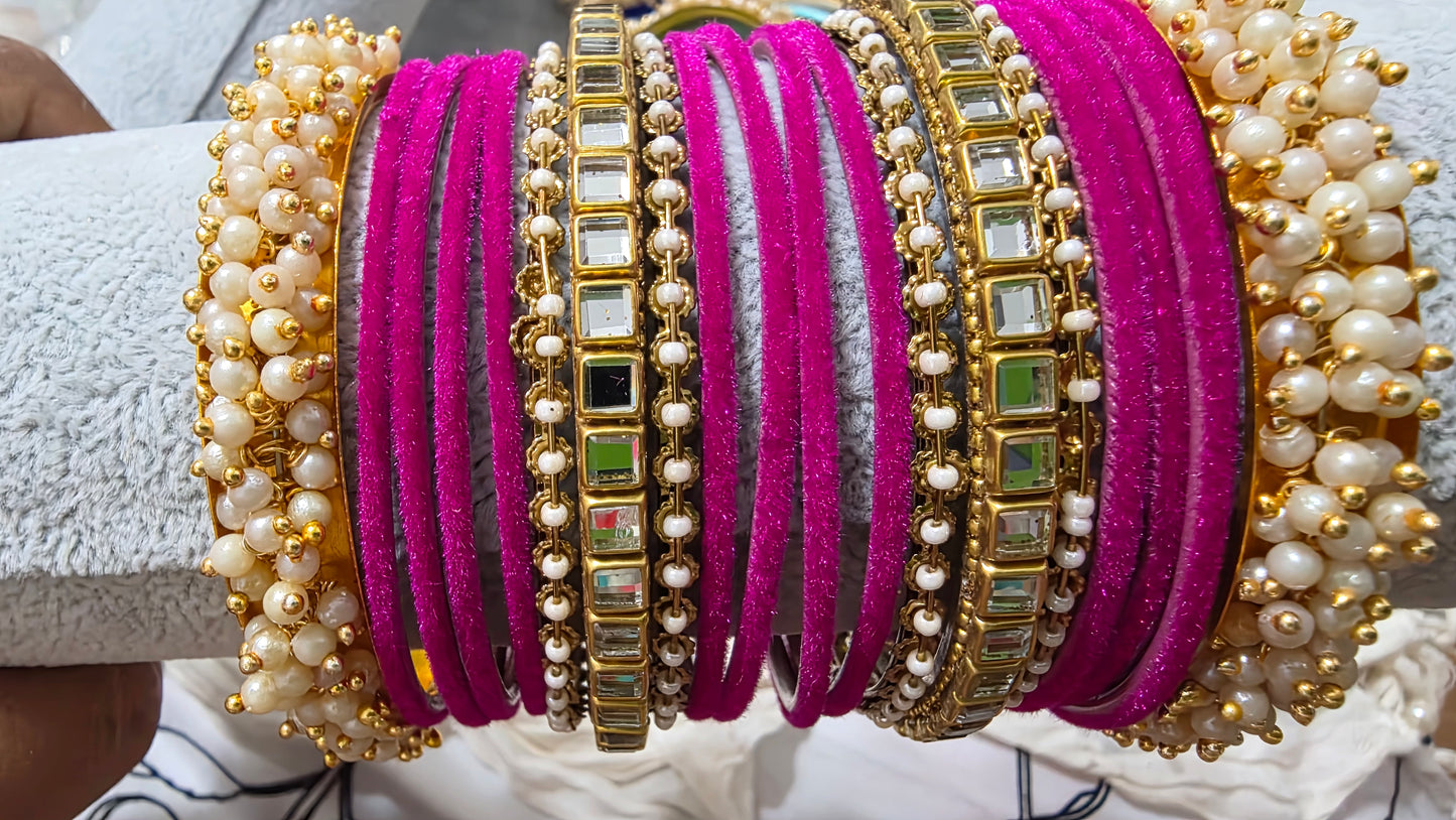 Velvet Pearl & Kundan Stone Bangle Set – Festive Collection