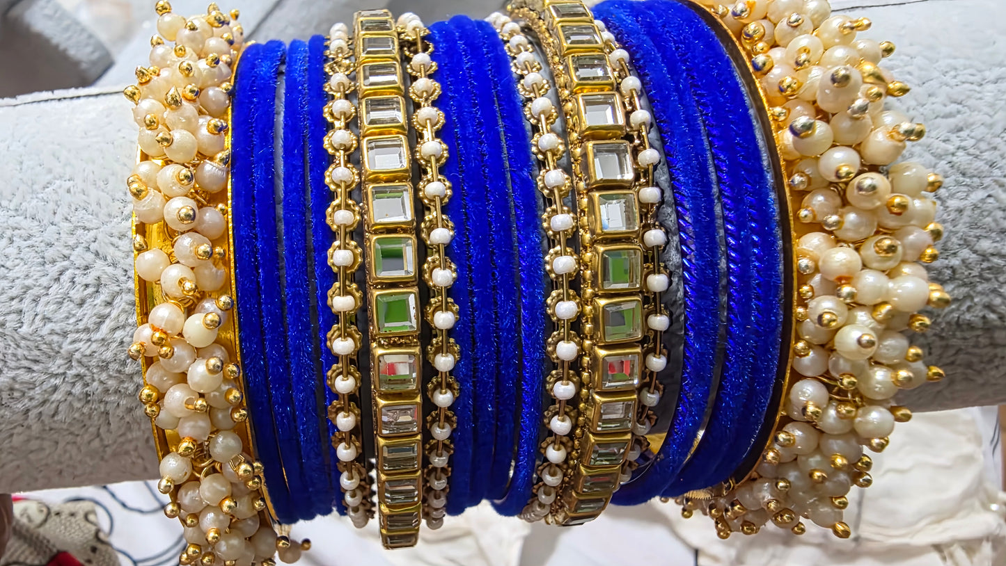 Velvet Pearl & Kundan Stone Bangle Set – Festive Collection