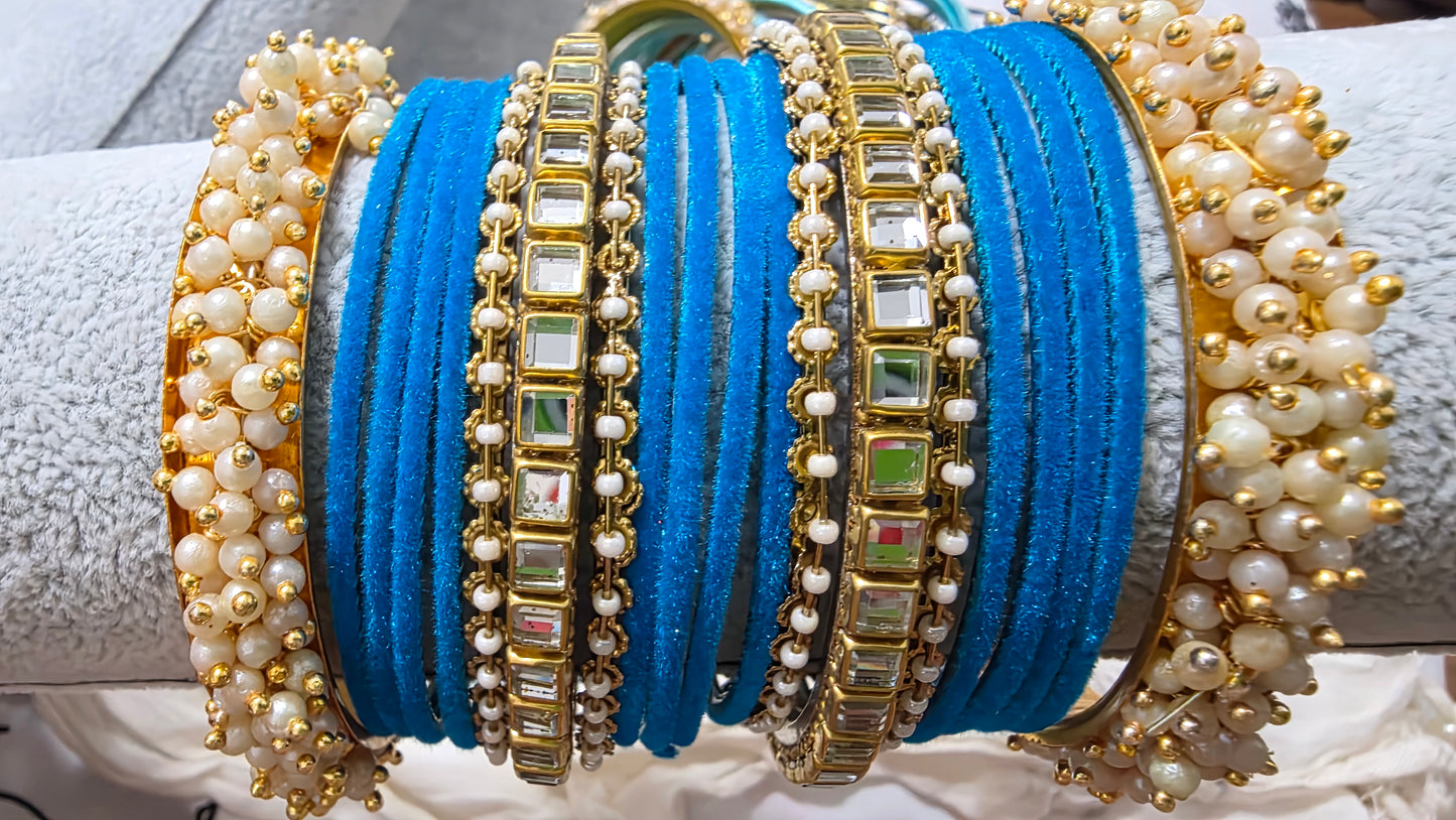 Velvet Pearl & Kundan Stone Bangle Set – Festive Collection