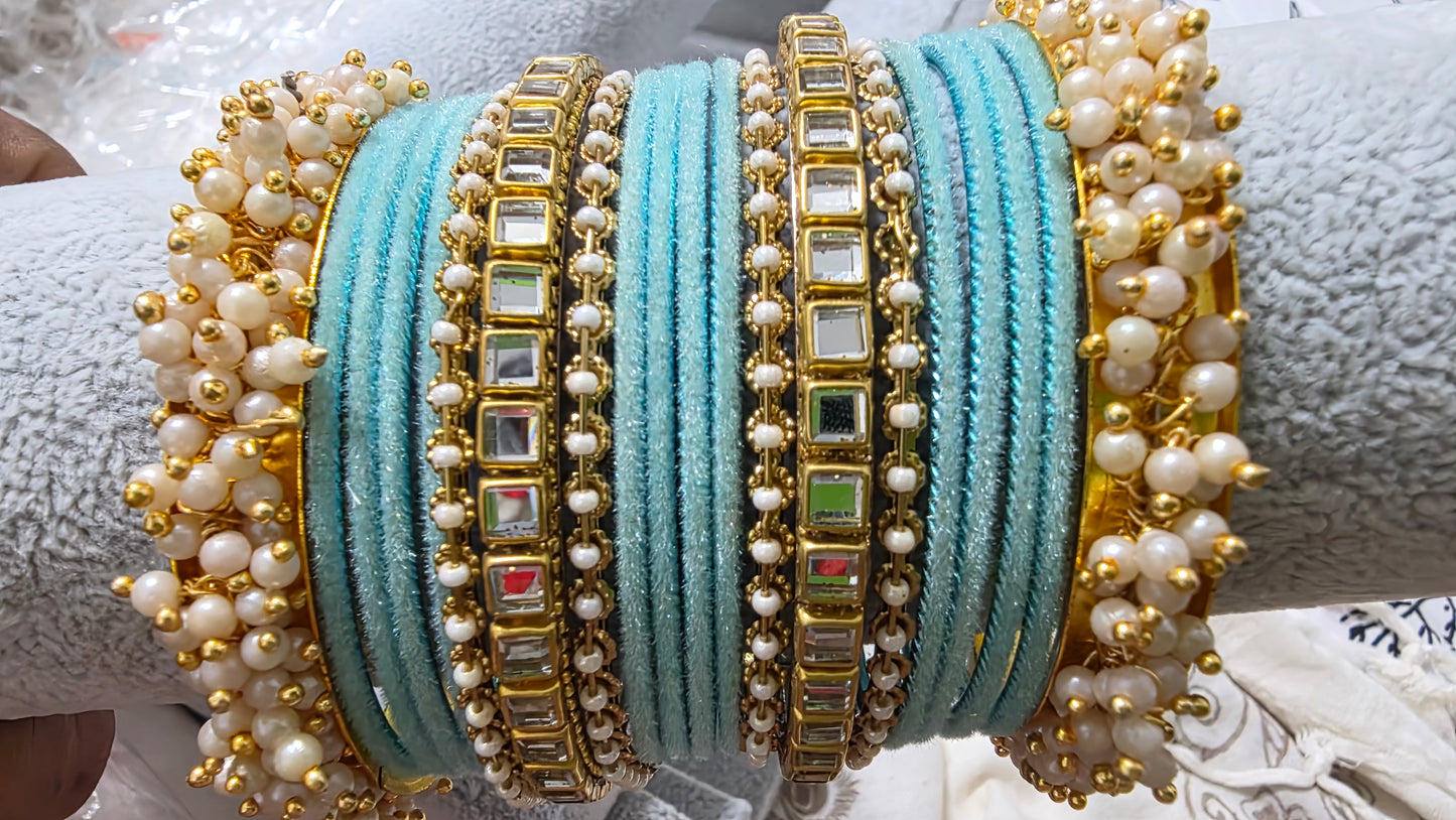 Velvet Pearl & Kundan Stone Bangle Set – Festive Collection
