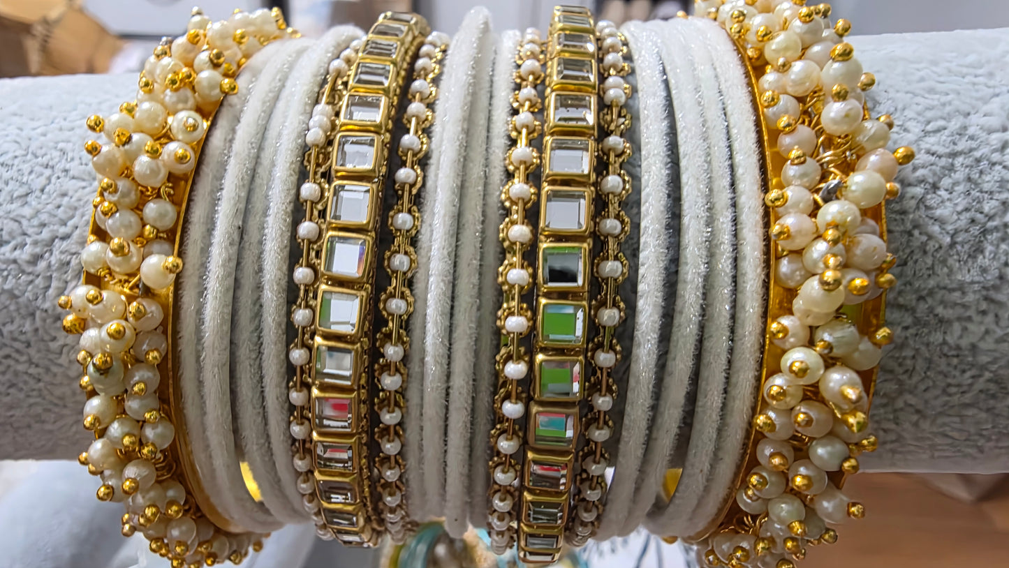 Velvet Pearl & Kundan Stone Bangle Set – Festive Collection