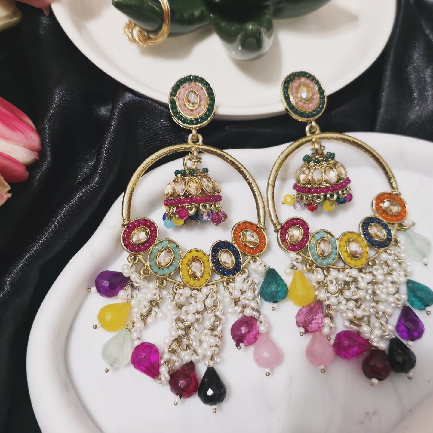Boho Royal Multicolor Kundan Chandbali Earrings