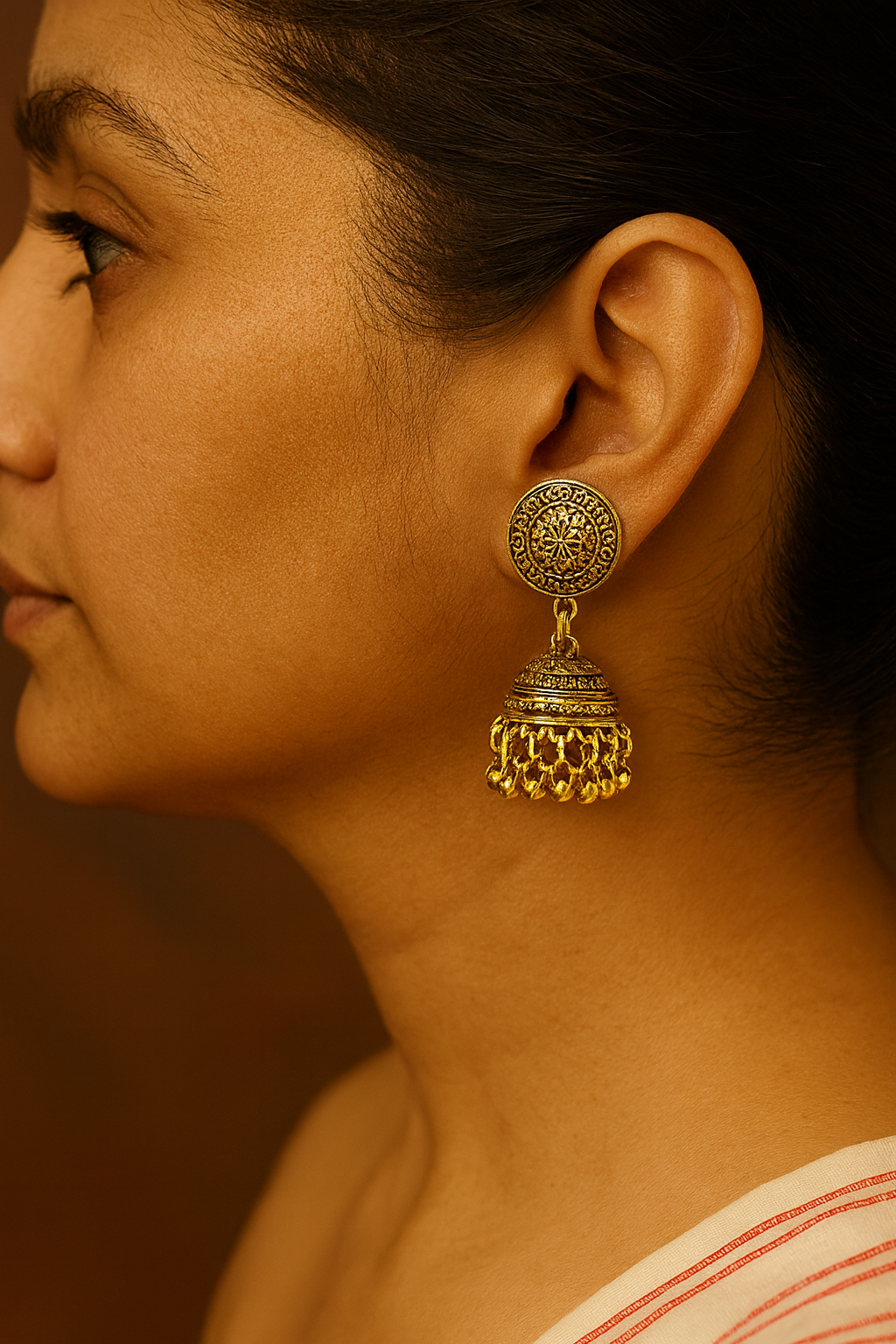 Traditional Gold-Plated Jhumka Earrings – Intricate Filigree with Hanging Beads