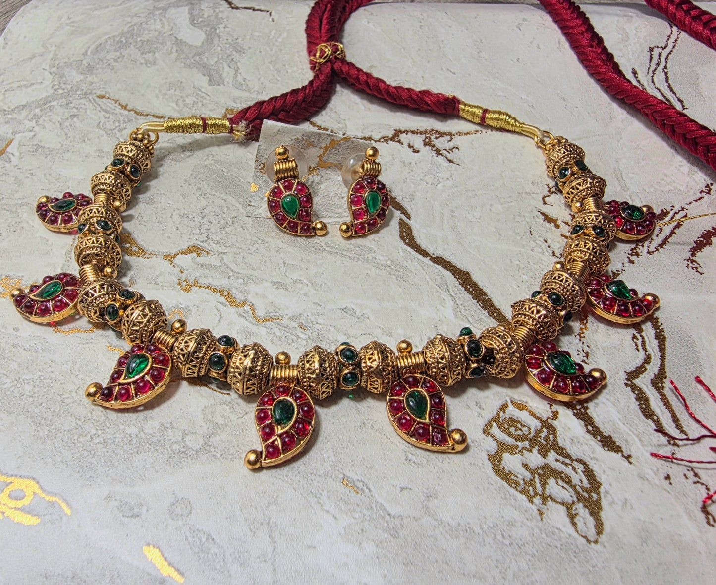 Maroon braided silk dori with gold tassel for necklace