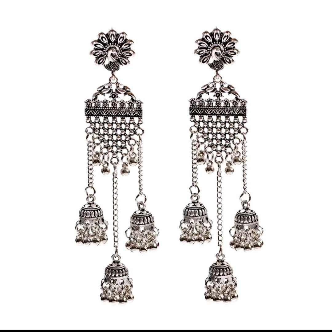 Oxidized Silver Peacock Long Jhumka Earrings